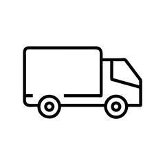 Black Delivery Truck Icon on White Background – Minimalist Line Silhouette of Cargo Transport Vehicle Symbolizing Shipping, Freight, Logistics, Courier Service, and Online Package Delivery