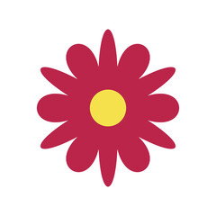Red flower with a yellow center on a white background in flat cartoon style. Vector illustration.