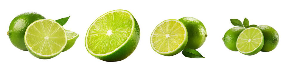 Fresh limes and lime slices on white background, isolated, transparent background, no background, set  