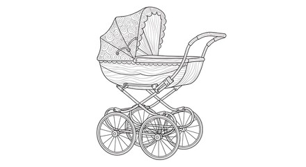 Vintage Baby Stroller Line Art Illustration, Classic Pram