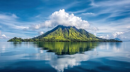 Serene Volcanic Island Surrounded by Blue Waters and Clouds