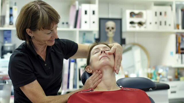 A physiotherapist performs trigger point therapy on a woman in a clinical treatment environment.