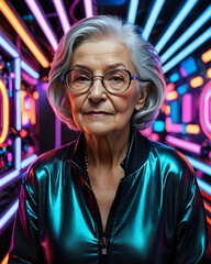 Obraz premium Portrait of an older woman with glasses and gray hair, wearing a shiny jacket against a colorful neon background.
