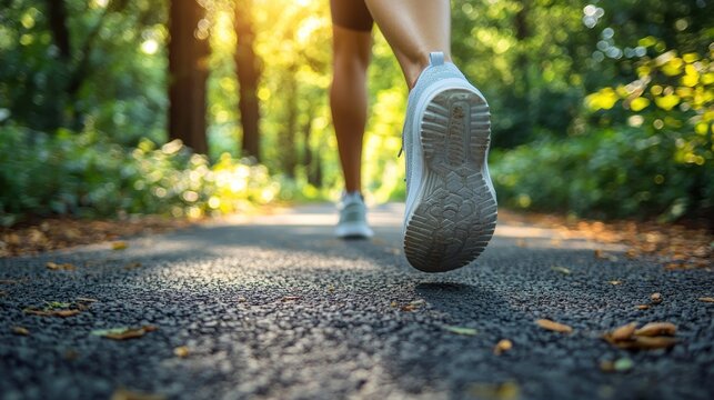 Close up of legs jogging in sneakers on a path in a green forest at sunset