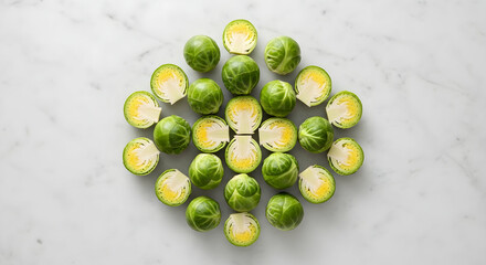 Fresh Brussels Sprouts Laid out Beautifully on a White Marble Surface