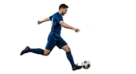 Soccer Player Kicking Ball in Blue Uniform on Isolated White Background