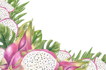 Pink dragon fruit, monstera and philodendron leaves horizontal watercolor frame isolated background. Exotic sweet pitahaya composition with space for text. For tropical invitations, food packaging © Masha_tolk_art