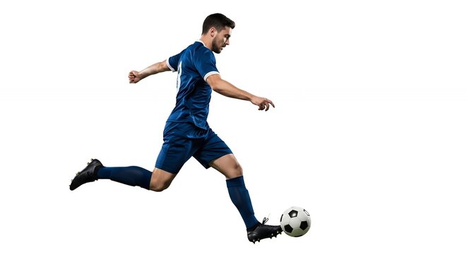 Soccer Player Kicking Ball in Blue Uniform on Isolated White Background
