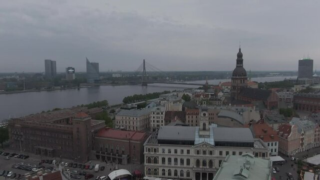 Aerial Pan of Vansu Bridge and Saules Akmens in Riga