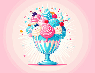 Cartoonish Ice Cream Sundae with Cherry Topping in Pink and Blue Colors against a White Background