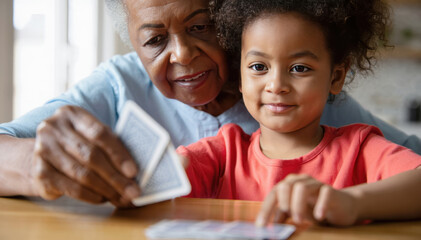 Elderly African American woman and young girl playing cards together at home, showcasing a warm and engaging moment of connection and joy between generations