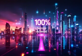 A futuristic digital cityscape with neon lights and a glowing message reading "100% Success Achieved" in a high-tech, virtual environment.