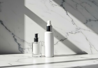 Two cosmetic spray bottles placed on a white marble surface with soft daylight shadows, showcasing a clean and minimalist skincare aesthetic.