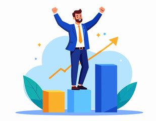 Cheerful Businessman Celebrating Success on Graph with Blue Suit and Yellow Tie Overcoming Obstacles and Achieving Goals in a White Background