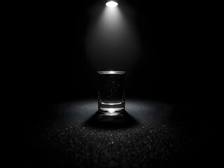 A clear glass of water sits under a dramatic spotlight in a dark setting, highlighting purity, simplicity, and minimal elegance.