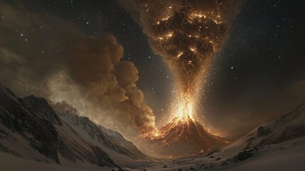 Erupting Volcano with Fiery Lava and Starry Night Sky Background