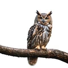Obraz premium A captivating portrait of a great horned owl, a majestic brown and white bird of prey, with intense yellow eyes, embodying the essence of wild nature