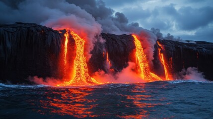 Erupting Volcano with Lava Flowing into Ocean at Sunset