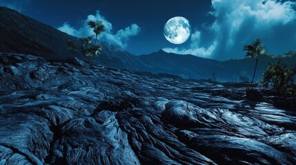Serene Night View of a Moonlit Lava Landscape with Palm Trees