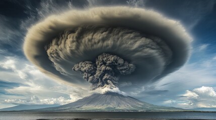 Majestic Volcanic Eruption with Dramatic Cloud Formation over Landscape