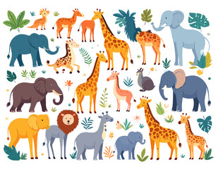 Obraz premium Collection of Cartoon Animals Including Giraffes Elephants and Lions with Tropical Plants on White Background