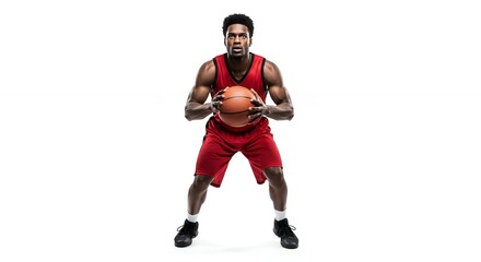 Obraz premium Focused Athletic Man in Red Uniform Holding Basketball Ready to Play on White Background Studio Shot