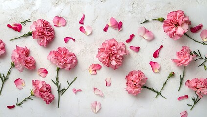 Photo of pink carnations and petals on a white marble background, top view with copy space for text