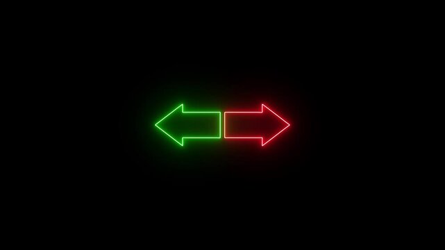 Animated neon arrows showing contrasting green and red directions pointing opposite ways on a black background