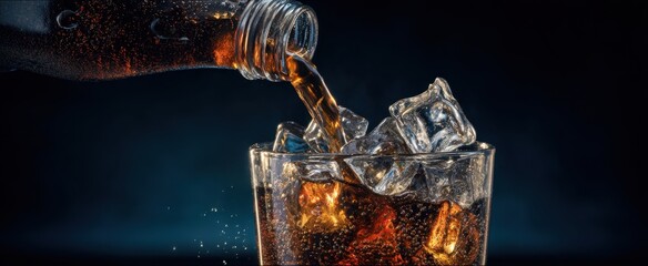 The refreshing pour of cola over ice in a glass.