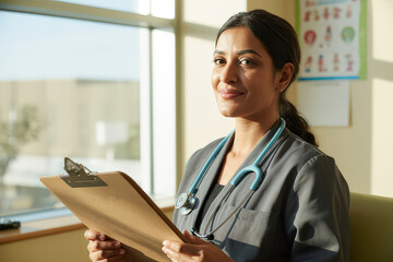 Portrait of a smiling nurse holding a clipboard near a window in a hospital