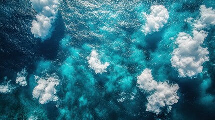Aerial View of Turquoise Ocean with Clouds and Deep Blue Water