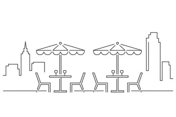 Outdoor cafe seating with umbrellas and city skyline in minimalist line art style