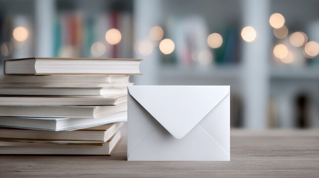 Stack of closed books on wooden table with a white envelope in front, softly blurred background featuring warm bokeh lights, creating a cozy and inviting reading atmosphere for literary enthusiasts