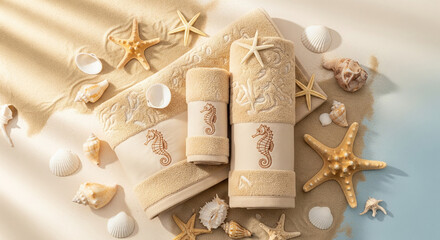 Flat lay of spa towel set with starfish and seashells on a beach-inspired theme 