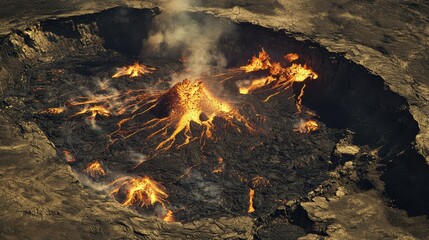 Majestic Eruption of Active Volcano with Flowing Lava and Smoke Plumes