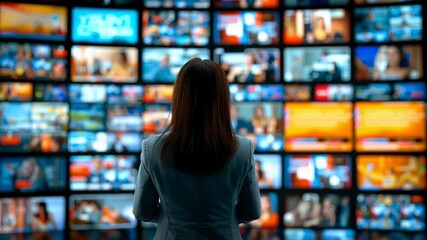 A person stands facing a large wall of multiple screens displaying various images and videos, illustrating media consumption and digital content overload.