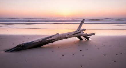Obraz premium Driftwood washed ashore on a sandy beach at sunrise with calm ocean waves and a soft pastel sky