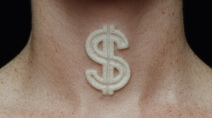 Fototapeta premium Conceptual neck shot of person with dollar sign tattoo or accessory neck, emphasizing wealth or financial themes