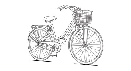 Line Art Bicycle with Basket Illustration on White Background