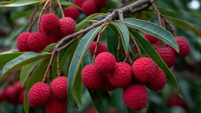 Lush Lychee Bunches Hanging from Vibrant Green Leaves