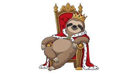 Cartoon sloth wearing a crown and cape sitting on an ornate golden throne with red cushion