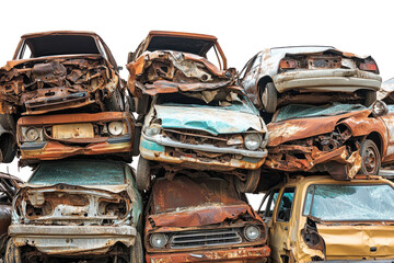 Old Rusty Junk Cars Stacked in Scrap Yard isolated on transparent white background, clipping path