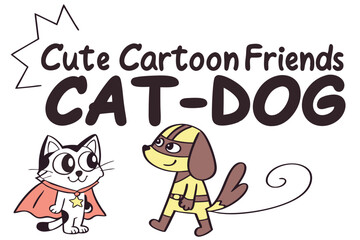 Obraz premium Cute cartoon cat and dog friends in bold stencil font design