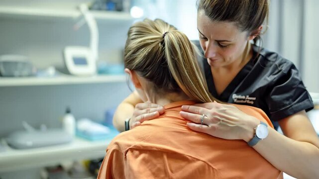 A physiotherapist gently applies trigger point therapy on a patient&rsquo;s upper back to alleviate tension