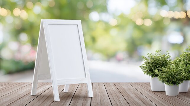 Blank white signboard on wooden deck surrounded by potted plants, with blurred greenery and soft bokeh lights in the background, creating an inviting atmosphere for outdoor advertising