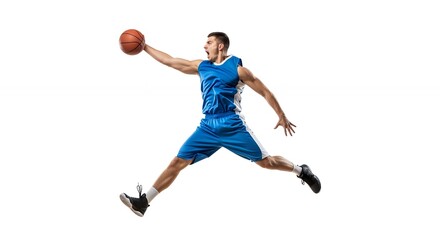 Fototapeta premium Powerful Male Basketball Player Leaping with Ball in Midair Dynamic Studio Shot