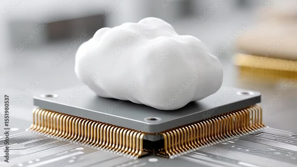 Poster Cloud Computing: A conceptual representation of cloud computing, symbolized by a fluffy cloud atop a sleek computer chip, signifying data storage, and virtual services in a modern digital world.