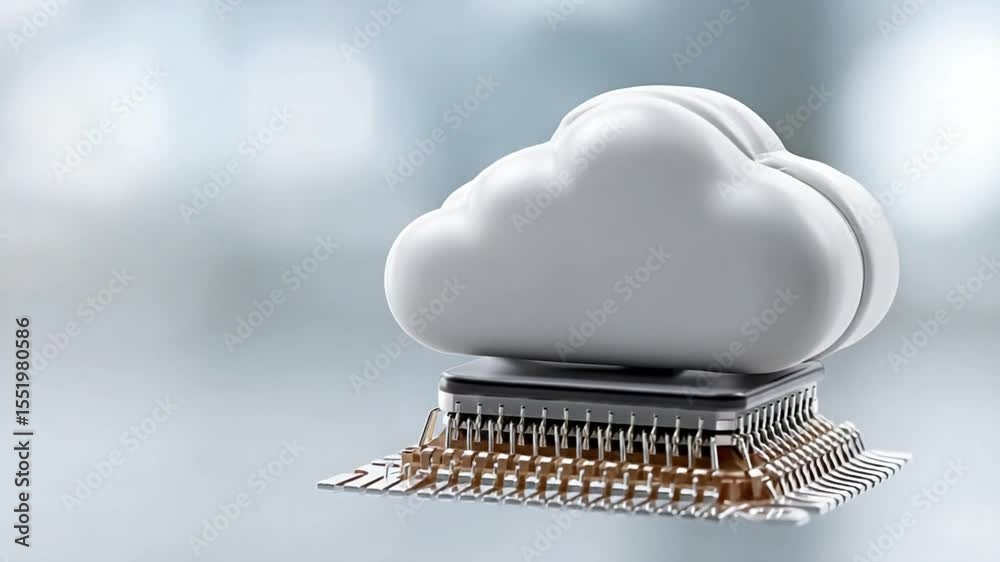 Poster Cloud Computing Concept: A conceptual image showcasing the convergence of cloud computing and technology, featuring a stylized cloud icon perched atop a microchip.