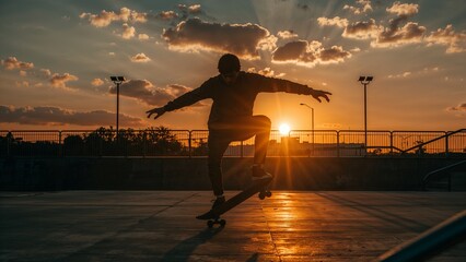 Silhouette of skateboarder performing trick against a sunset sky with clouds and streetlights view