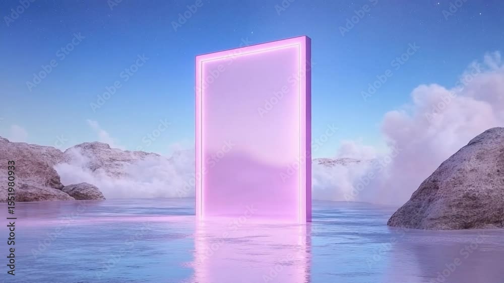 Poster portal to the sublime: a luminous rectangular portal glows against a dreamscape, inviting a journey 